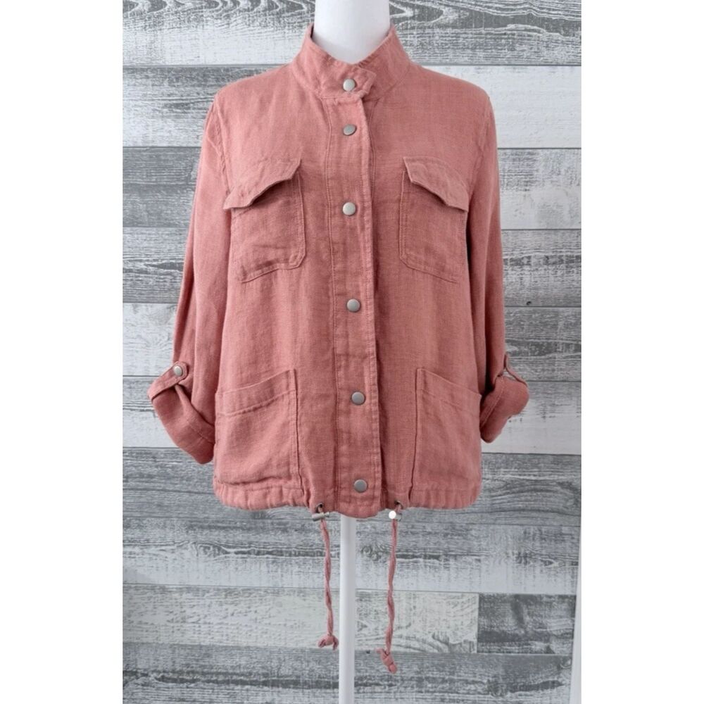 C&C California Utility Jacket Size M 100% Linen Snap Front Roll Tab Sleeve
